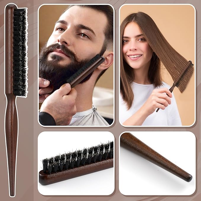 6 Pcs Boar Bristle Slick Back Hair Brush with Edge Brush Rat Tail Comb and Wide Tooth Comb, Hair Styling Comb for Men Women