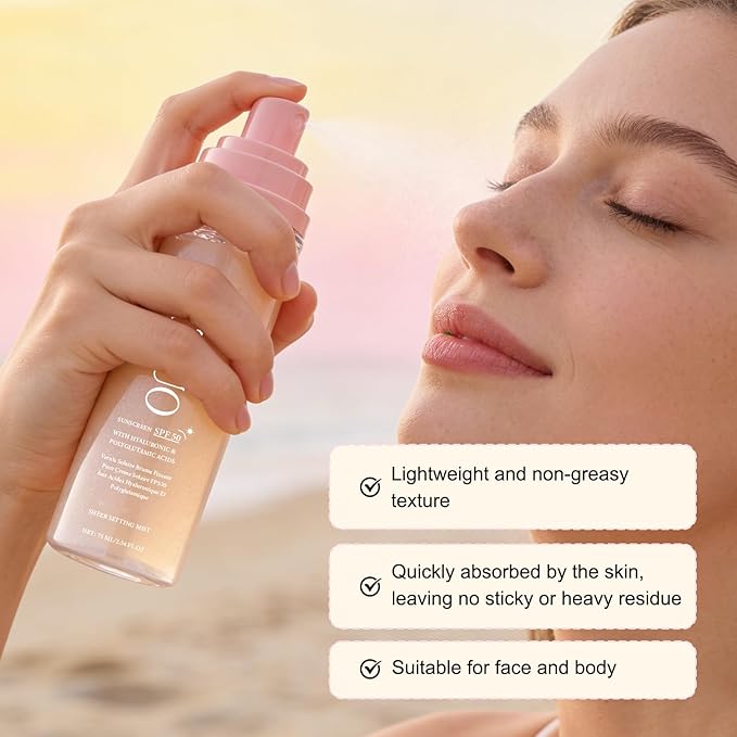 SPF Setting Spray for Face & Body - Sheer Sunscreen Mist SPF 50, Makeup-Friendly Setting Mist with Hydrating Glow, Reef-Safe & Non-Greasy for Beach, Wedding, Daily Wear (2)