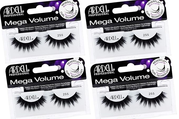 Ardell Mega Volume 255 False Eyelashes - Extra Full, 3D Layered Wispy Lashes with NeverFlat Curl Technology - Reusable False Strip, 4 Pairs