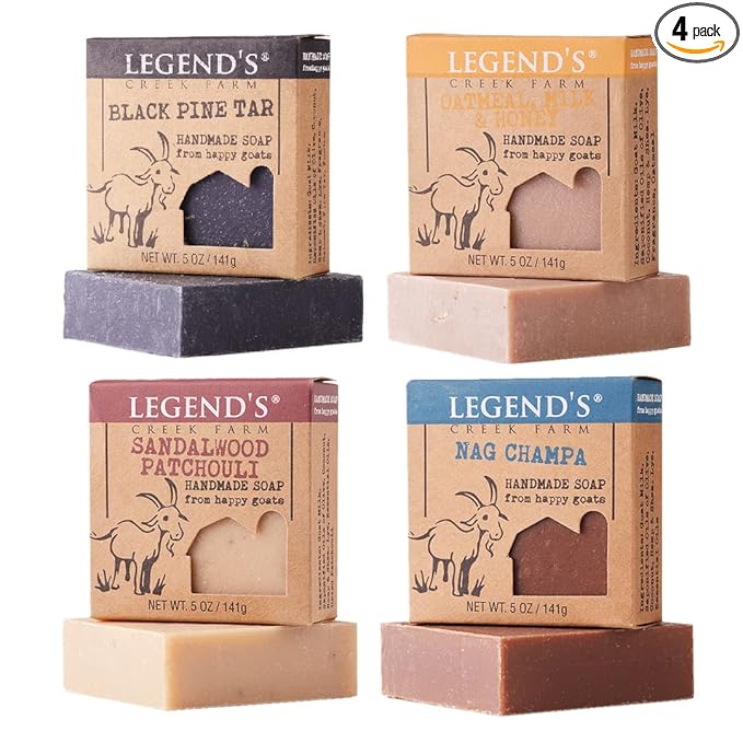 Legend's Creek Farm Goat Milk Soap - Cleansing Moisturizing Bar for Hands and Body - 5 Oz Natural Soap for Sensitive Skin (4-Pack: Patchouli, Oatmeal Milk & Honey, Black Pine Tar, Nag Champa)