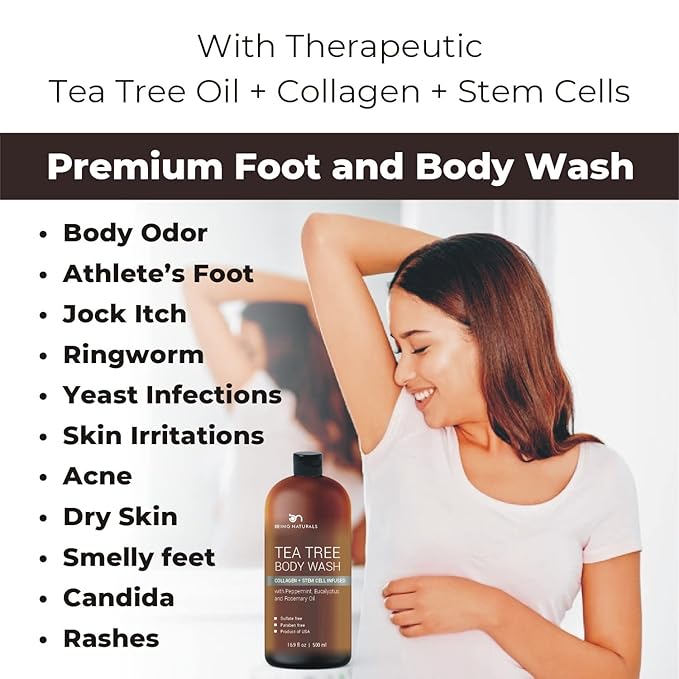 Tea Tree Body wash with Collagen and Stem Cells - Fights Odor, Acne & Skin Issues, sulfate free 16.9 oz