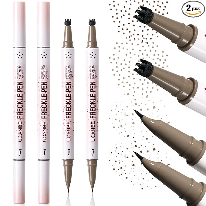 UCANBE 2PCS Dual-Ended Freckle Pen & Freckle Stamp - Precise 15° Curved Tip Makeup Waterproof & Smudge Proof, Long Lasting Faux Freckles Pencils (01 Light Brown+03 Chestnut)