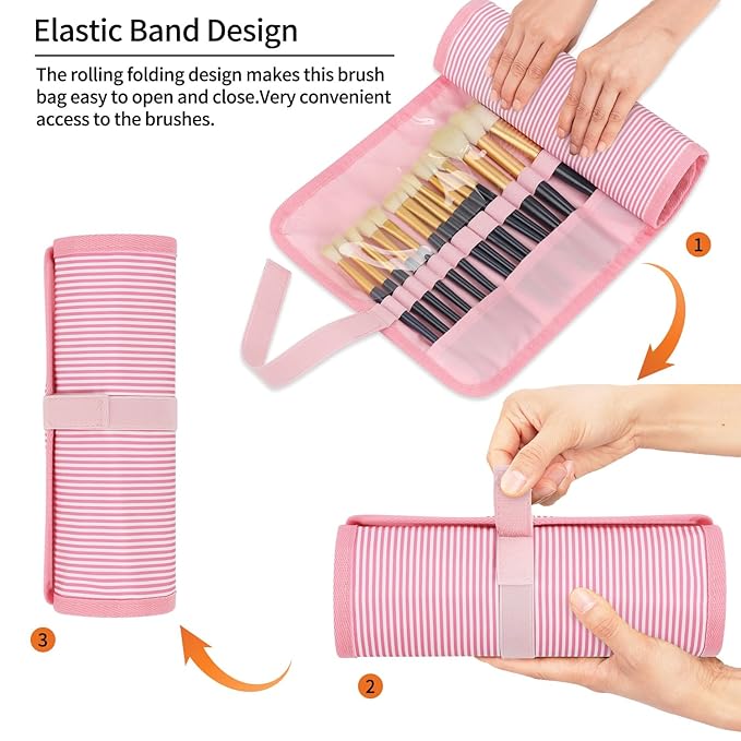 OCHEAL Makeup Brush Holder, Pink Stripes Makeup Brush Organizer,Travel Makeup Brushes Bag Cosmetic Bags Pouch for Women Cosmetic Brushes Makeup Artist -Brushes Not included