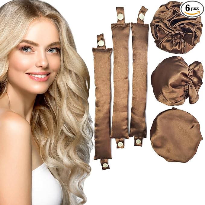 3Sets/6PCS Ariuvor New Satin Heatless Hair Curler,Hair Rollers for Heatless Curls with Hair Caps,Soft Heatless Curling Rod Headband for All Hair Types,No Heat Curling to Sleep in Overnight (brown)