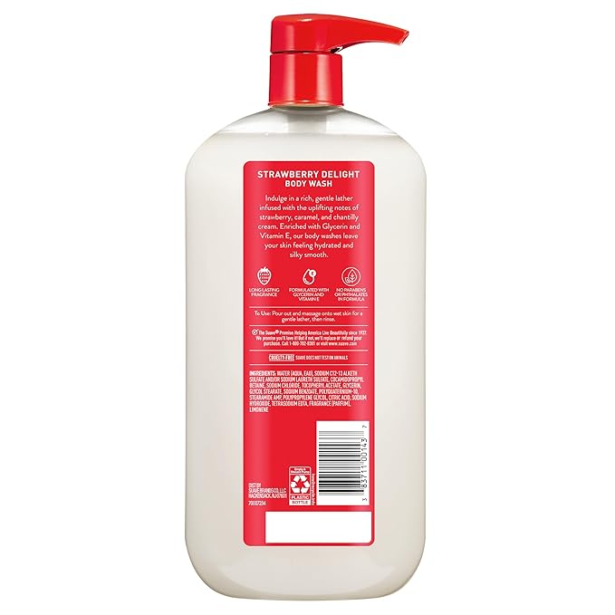 Suave Strawberry Delight Uplifting Body Wash, Formulated with Glycerin and Vitamin E for Hydrating and Gently Cleansing Skin, 30 FL OZ Pump, 4 Pack