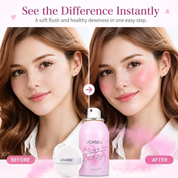 UCANBE Blush Spray with Puff, Hydrating Liquid Blush Mist for Cheeks - Soft Pigmented Buildable Blendable Breathable Blush, Healthy Dewy Glow Finish, Talc-Free, 01 Lavender (1.16 oz)
