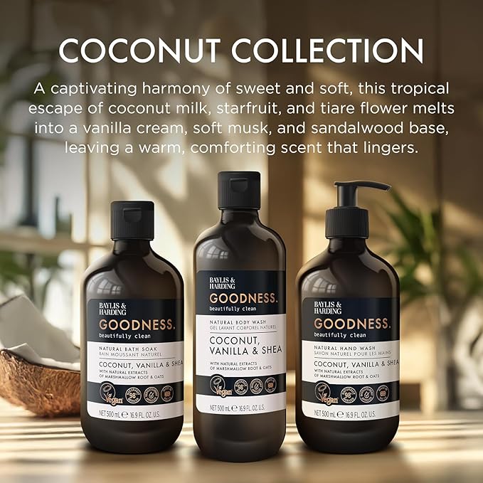 Baylis & Harding Goodness Coconut, Vanilla & Shea Natural Body Wash 16.9Fl.oz, Pack of 3 - Biodegradable Formula
