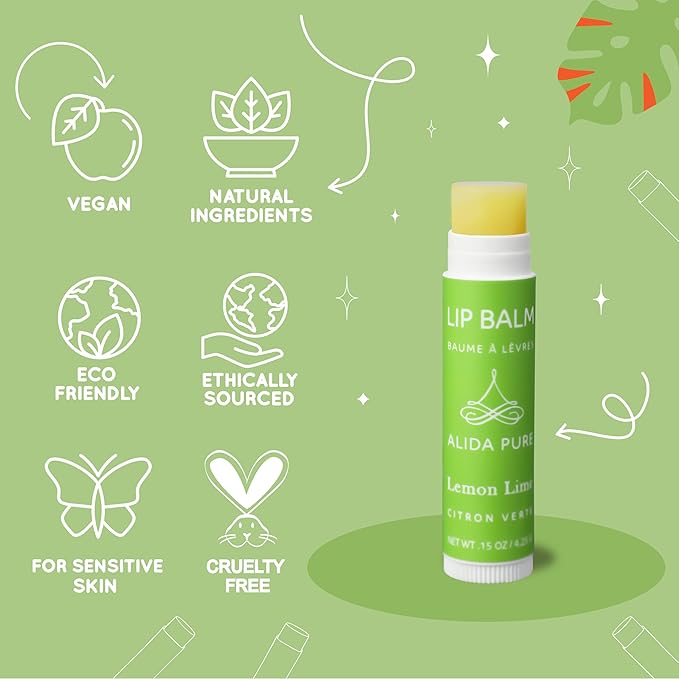 Lemon Lime Lip Balm Collection, Vegan Set, Bees Wax Free, Organic Jojoba and Avocado Oil, Vitamin E, Moisturizer for Dry Cracked Lips, 3 Tubes per Set