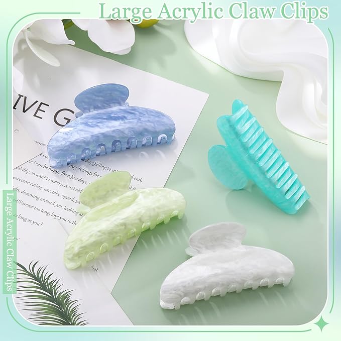 4.2 Inch Large Acrylic Claw Clips, Cute Green White Blue Hair Clips Strong Hold Hair Claw Barrettes for Thick Thin Hair, 4 Pack Stylish French Hair Accessories for Women Girls