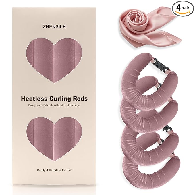 Heatless Hair Curler Set – 4PCS Velvet Overnight Blowout Rods for Heatless Curls, Jumbo Flexible Curling Rods to Sleep In, No Heat Curling Tools for Natural Waves and Curls Rose Pink
