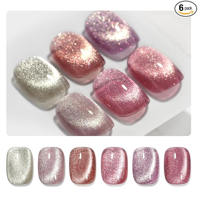 GAOY Glitter Cat Eye Gel Nail Polish Set with Magnet Pink Galaxy for Holographic Cat Eye, Salon Gel Manicure and Nail Art DIY at Home