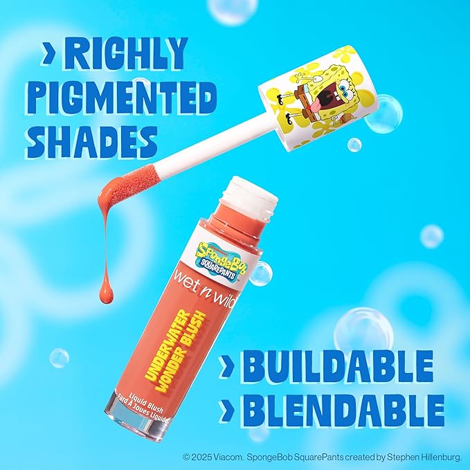 wet n wild SpongeBob Underwater Wonder Liquid Blush, Buildable Shimmery Gel Formula with Seamless Blend & Matte Finish – Perfect Square