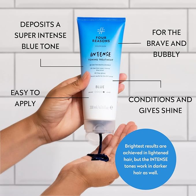 Four Reasons Color Mask INTENSE Blue (27 Colors) - Intensive Toning Treatment - Color Depositing Conditioner – Semi Permanent Blue Hair Dye for Lightened and Colored Hair– 100% Vegan, 6.76 fl oz