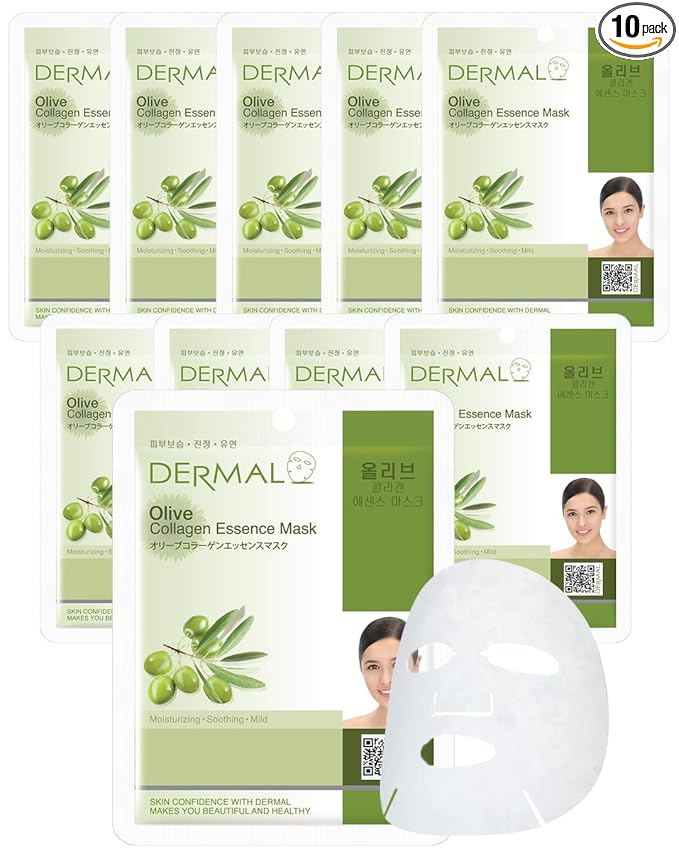 DERMAL Olive Collagen Essence Korean Facial Mask Sheet Pack of 10 - Nourishing, Deep Hydration, Reduces Fine Wrinkles - Hypoallergenic Skin Friendly Sheet