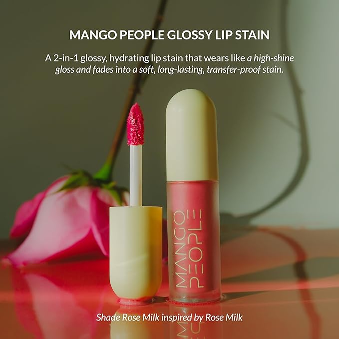 Mango People Hydrating Glossy Fruit Lip Stain, Long Lasting Tint & Oil Stain, Lightweight Lip Makeup with High-Shine Finish for Soft, Smooth and Nourished Lips - Rose Milk