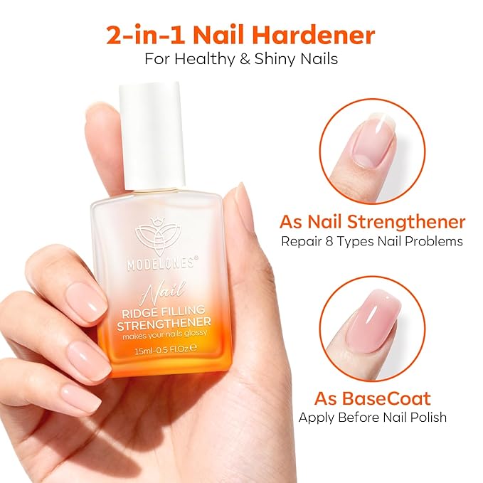 modelones Nail Strengthener and Growth, No Harsh Smell Pure Clear Nail Polish for Damaged Thin Brittle Nails Hardener & Repair Treatment, Quick Dry Ridge Filler and Concealer Effect DIY Salon 15ml