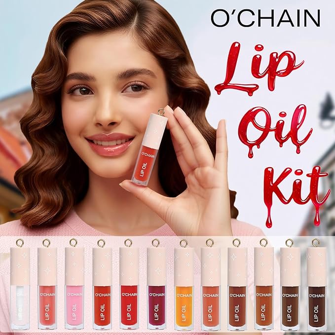 O'CHAIN 24 Pack Lip Oil Set with Portable Keychain, High Shine & Moisturizing, Long Lasting Wear, Deep Hydrating Nourishing Lip Care and Repair Kit for Women and Girls