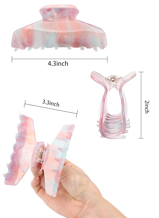 2 Pack Large Acrylic Hair Claw Clips for Women - 4.3 Inch Strong Hold Nonslip Hair Clips Big Claw Barrettes for Thick Thin Hair, Cute Durable Jaw Clips for Women Girls