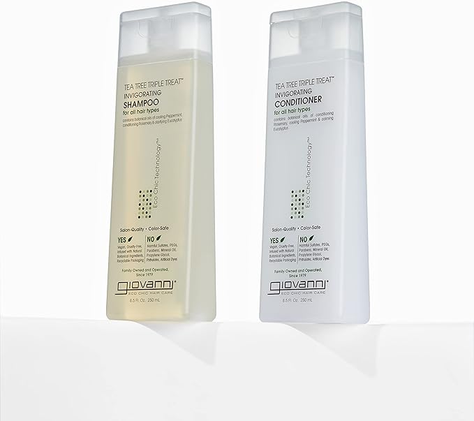 GIOVANNI Tea Tree Triple Treat Invigorating Shampoo, 33.8 oz. (Liter) - Cooling Peppermint, Eucalyptus, Rosemary, Helps Dry Flaking Scalp, Lauryl and Laureth Sulfate Free, Paraben Free