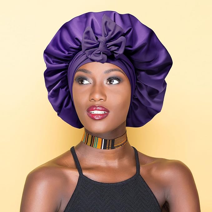 AWAYTR Purple Satin Bonnet with 3 Hair Scrunchies for Women - Large, 2-Layered Silk Sleeping Cap for Sleeping, Hair Care