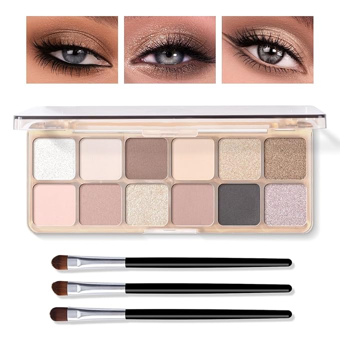 KYDA 12 Colors Grey Brown Eyeshadow Palette with Brush, Matte Shimmer Neutral Nude Brown Eyeshadow, Glitter Sparkling Eye Shadow, Cool Tone Korean Eyes Makeup