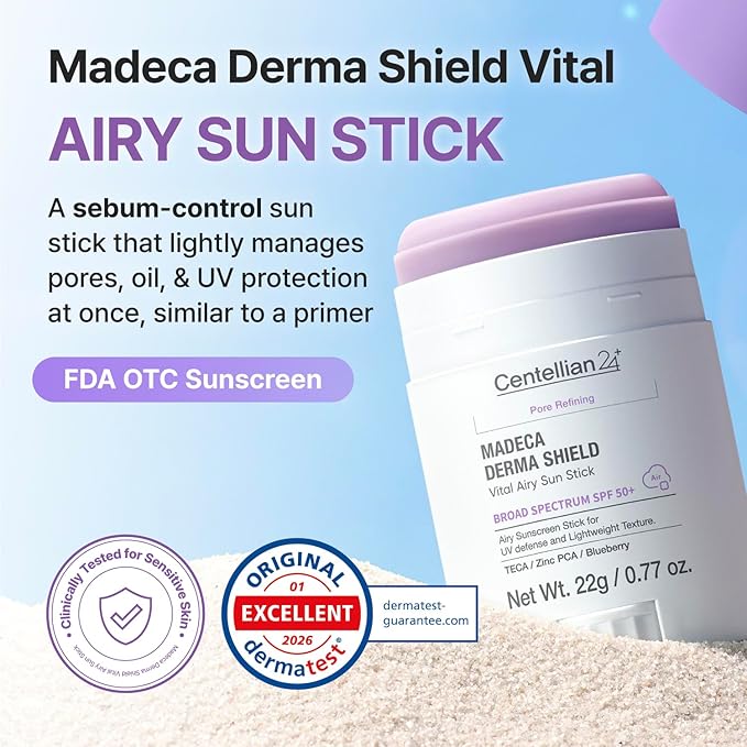 CENTELLIAN 24 Madeca Derma Shield Vital Airy Sun Stick Broad Spectrum SPF50+ 0.77 fl oz – Sebum Control Primer Matte Sunscreen Stick for Oily Skin, Pore Care, Lightweight No White Cast UV Protection