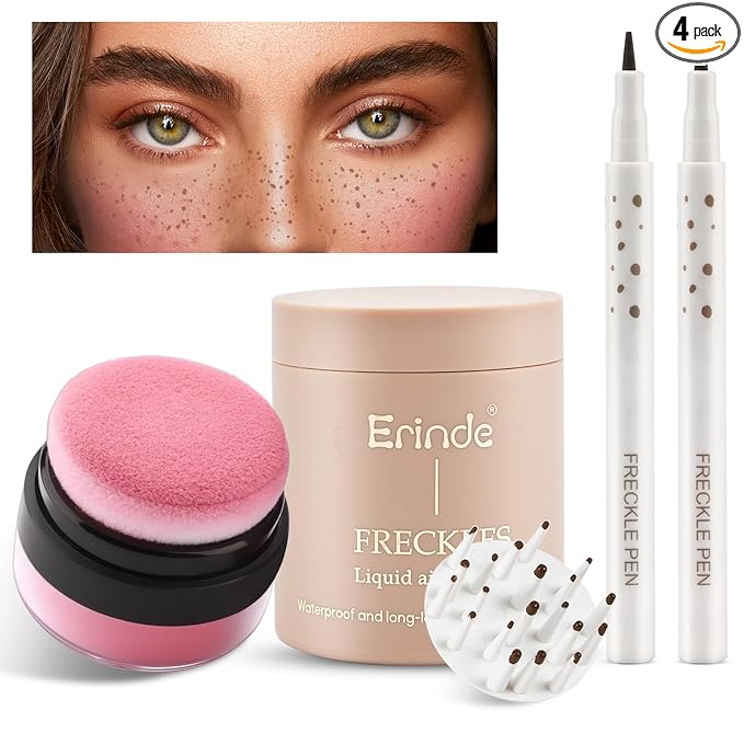 Erinde Natural Freckle Foundation Makeup Kit - Liquid Freckle Pen & Fake Freckles Stamp Air Cushion & Powder Cushion Blush, Long Lasting Waterproof Freckles Tattoo Marker for Natural Sunkissed Makeup