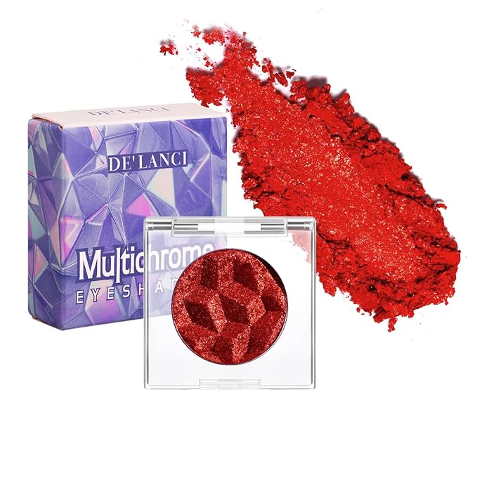 DE’LANCI Chameleon Red Glitter Eyeshadow Highly Pigmented, Single Metallic Glitter Eye Shadow Palette Intense Color Shifting, Chrome True Red Shimmery Glitter Eyes Warm Goth Smoky Makeup