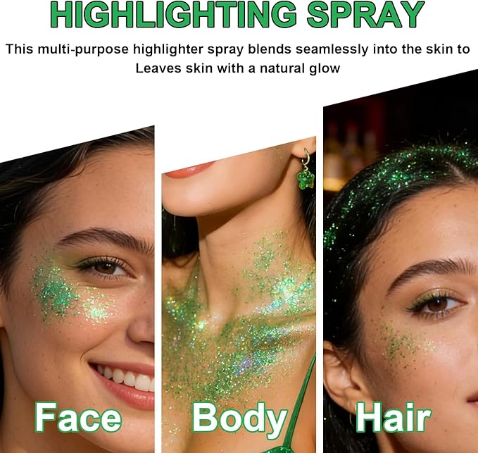 Hair and Body Glitter Spray, St Patricks Day Shimmering Powder Sparkle Powder Makeup, Green Glitter Loose Sparkle Makeup for Body Highlighter,Festival Prom Rave Accessories (Green)