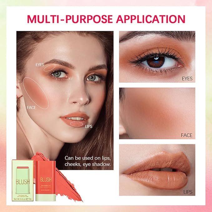 FYEBOO Multi-Use Makeup Blush Stick, Cream Blush Stick, Tinted Solid Moisturizer Stick for Cheek & Eyes & Lips, Waterproof Natural Nude Makeup, Suitable for All Skin (2#Hot Red)