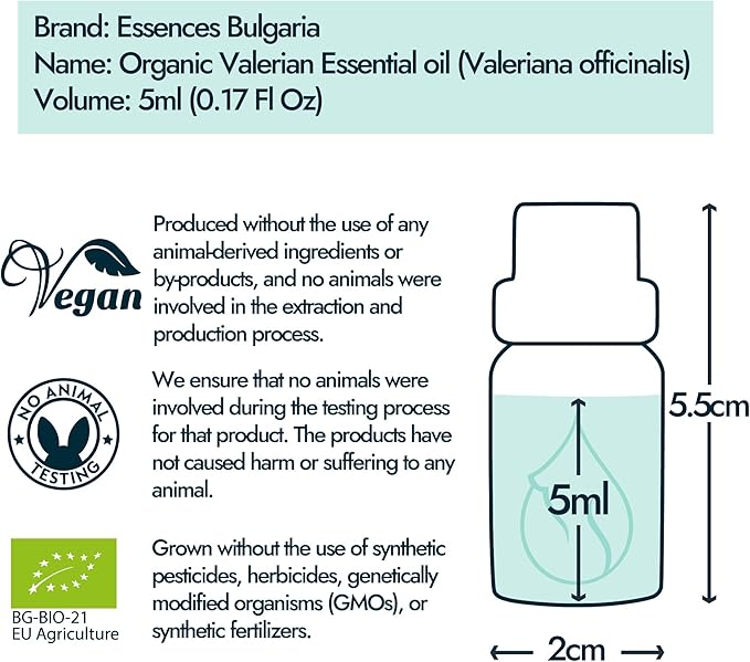 Essences Bulgaria Organic Valerian Essential Oil 0.17 Fl Oz | 5ml | Valeriana officinalis | 100% Pure and Natural | for Good Sleep, Relaxation | Aromatherapy | Therapeutic Grade