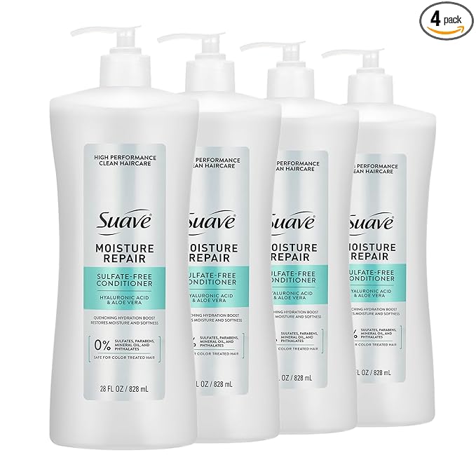 Suave Moisture Repair Sulfate-Free Conditioner with Hyaluronic Acid & Aloe Vera, Hydrates & Restores Dry, Damaged Hair, 4 Count, 28 FL OZ