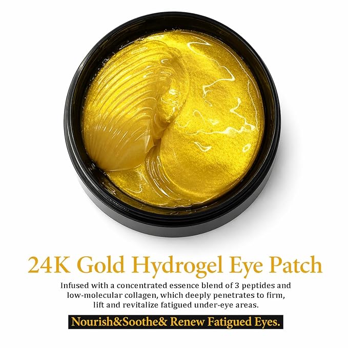24K Gold Under Eye Patches (60 Pcs) - Collagen & Peptide Eye Masks for Dark Circles, Puffy Eyes & Wrinkles, Hydrating Cooling Eye Patches with Caffeine & Hyaluronic Acid, Suitable for Men & Women