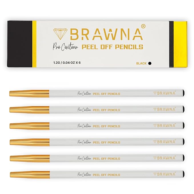 BRAWNA 6 Pcs Brow Pro Peel Off Pencils - Waterproof Eyebrow Mapping Pencil - Microblading Supplies - PMU Kit - Black