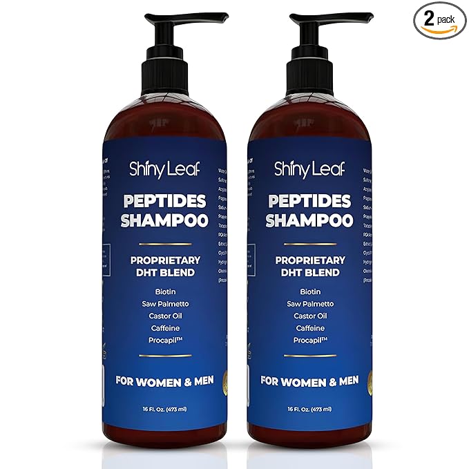 Shiny Leaf Peptide Shampoo for Hair Thinning - DHT Blocker with Biotin, Caffeine & Saw Palmetto - Sulfate Free Thickening Formula for Women & Men, Color Safe Shampoo for All Hair Types 16 oz (2 Pack)