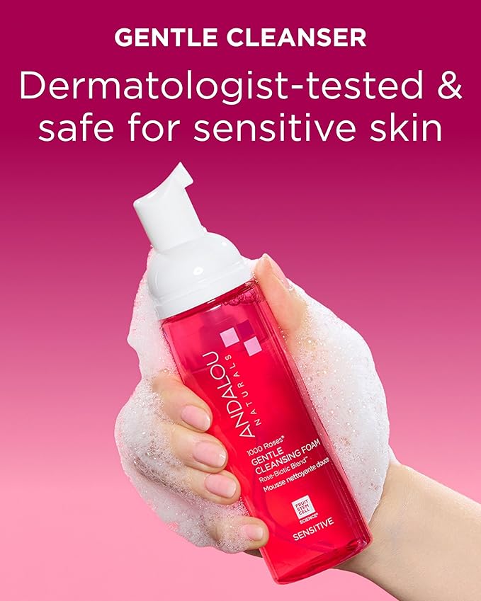 Andalou Naturals 1000 Roses Gentle Cleansing Foam | Foaming Face Wash with Rose Stem Cells & Organic Aloe Leaf Juice | Hydrating Daily Cleanser for Sensitive Skin | 5.5 fl oz