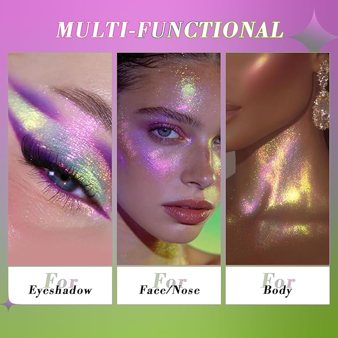 Afflano Chameleon Iridescent Eyeshadow, Multichromatic Duo Chrome Eyeshadow High Color Payoff, Holographic Sparkly Glitter Eye shadow Rainbow Makeup, Half Magic Eyeshadows for Party, Daily Makeup #04