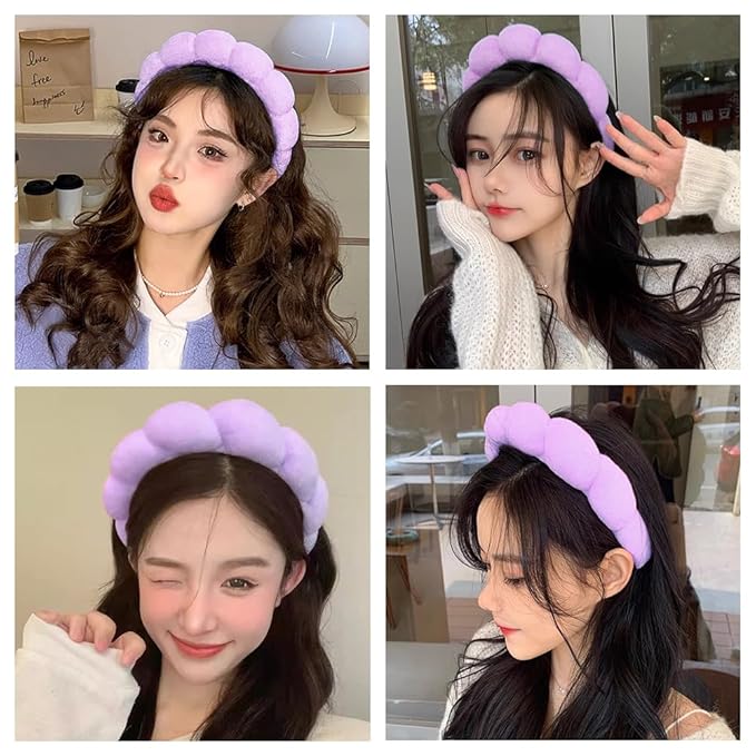 AOENJIE Spa Headbands for Washing Face or Makeup, Sponge Bubble Skincare Headbands, Puffy Terry Cloth Hairband for Women, Skin Care Makeup Headwear Hair Accessories for Girls(Purple)