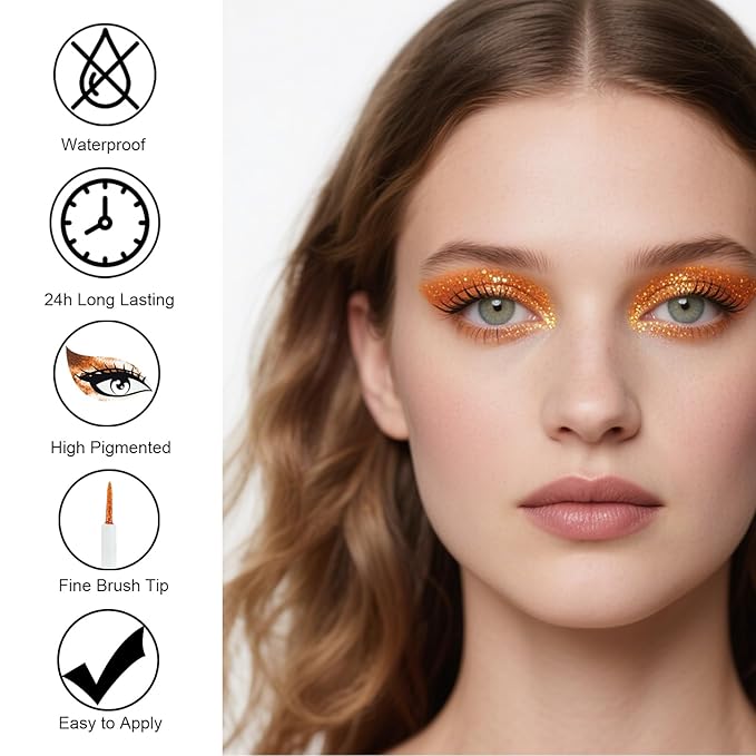 LAIKME Glitter Eyeliner Liquid, Orange Shimmer Eyeliner, Long-Wearing & Smudge-Proof, Waterproof, Ultra-Fine Tip & Smooth Application, Sparkle Glitter Eye Liner, Vibrant Eye Makeup for Festival Party
