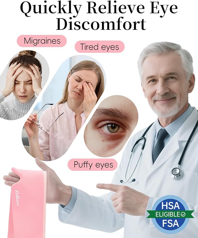 Cooling Eye Mask for Puffy Eyes, FSA Eligible HSA, Headache and Migraine Relief Gel Eye Mask, for Headache, Puffiness, Eye Strain, Reusable Face Ice Pack for Post-Surgery Care, Light Pink