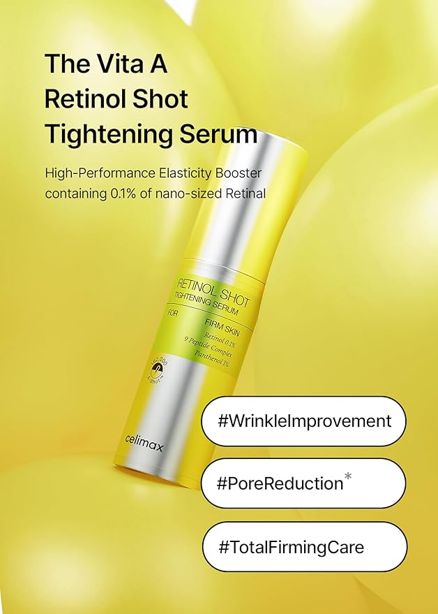 celimax The Vita A Retinol Shot Tightening Serum | with Pure Vitamin A Retinol, Peptide, Pore Minimizer, Wrinkles & Fine Lines, Firmer Skin, Anti-Aging, Skin Smoothing, Korean Skin Care Gift, 30ml