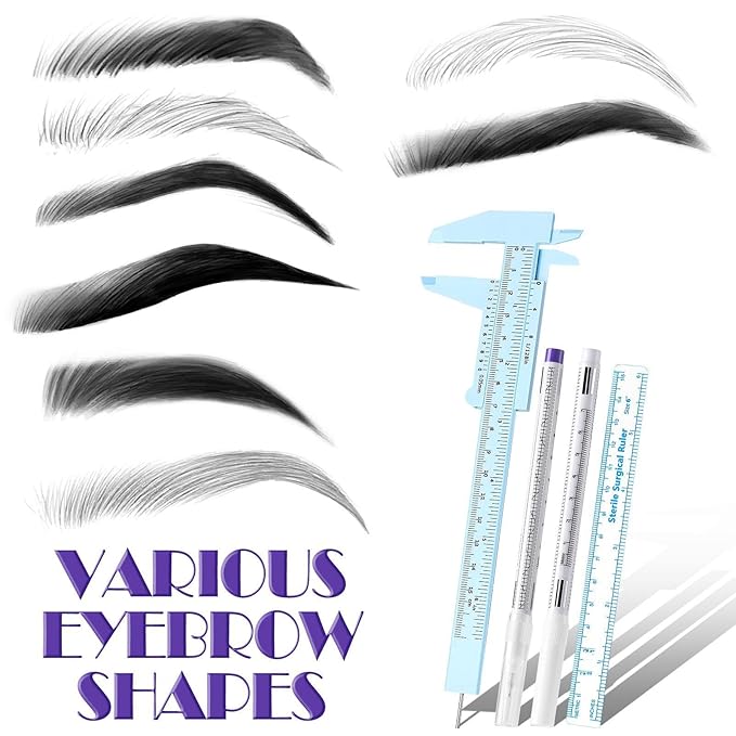Teling 10 Pcs Eyebrow Ruler tools set 2 Eyebrow Measuring Ruler kit 4 Microblading White Skin Marker Pen 4 Paper Permanent Makeup Position Mapping Mark Tools for Artists Skin