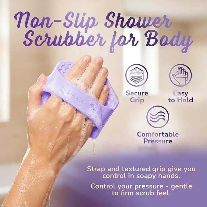 SILKLE Silicone Body Scrubber – Gentle Exfoliating Shower Scrubber for Body & Bath, Silicone Shower Brush & Loofah Alternative – Non-Slip Silicone Body Brush, Quick Dry, Hygienic - Purple
