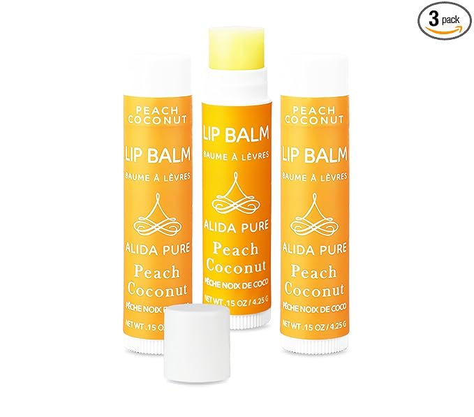 Peach Coconut Lip Balm Collection, Vegan Set, Beeswax Free, with Organic Jojoba and Avocado Oil, Vitamin E, Natural Moisturizer for Dry, Chapped Lips, 3 Tube Set