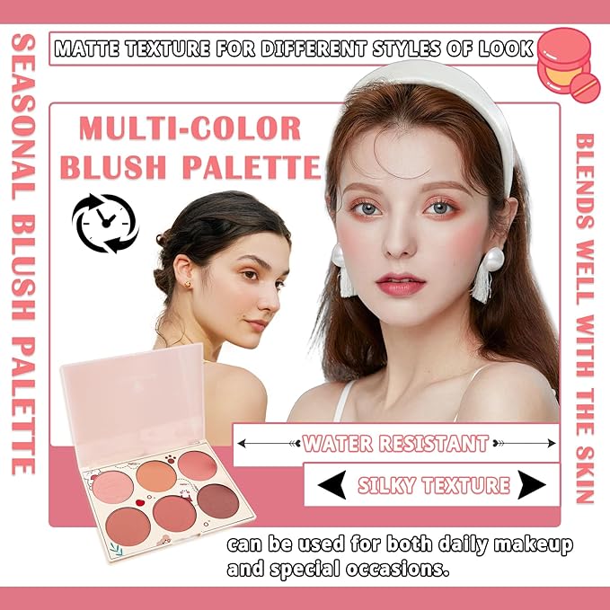 6 Colors Blush Palette for Cheeks with Make Up Brush,Face Matte Contour Blush Makeup Palette,Buildable Shimmer Facial Cheek Blusher Shades,Blendable Cosmetic Makeup Blush