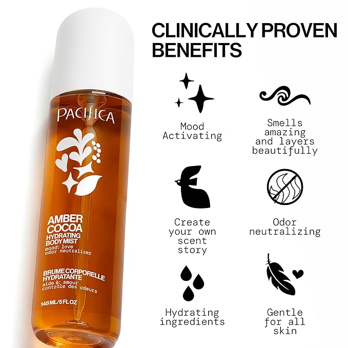 Pacifica Amber Cocoa Gourmand Body Mist for Women – Warm Vanilla Coffee Cocoa Fragrance Spray, Hydrating, Odor Neutralizing, Vegan & Cruelty-Free, Phthalate-Free, 5 oz