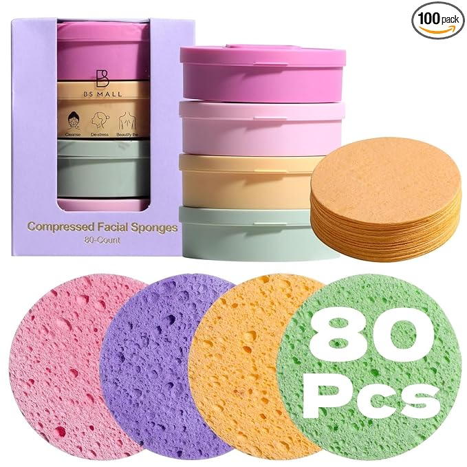 Compressed Facial Sponges BS-MALL 80 Count,Reusable Face Cleansing Pads,Gentle Exfoliating Sponges for Makeup Removal, Deep Cleansing, Dead Skin Removal,Travel-Friendly Spa Skincare Sponges