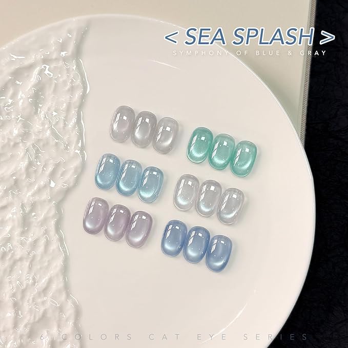 GAOY Cat Eye Gel Nail Polish Set with Magnet, 6Pcs Silver Blue Green Icy Summer Holographic Cat Eye, Reflective Translucent UV Gel, Sea Splash