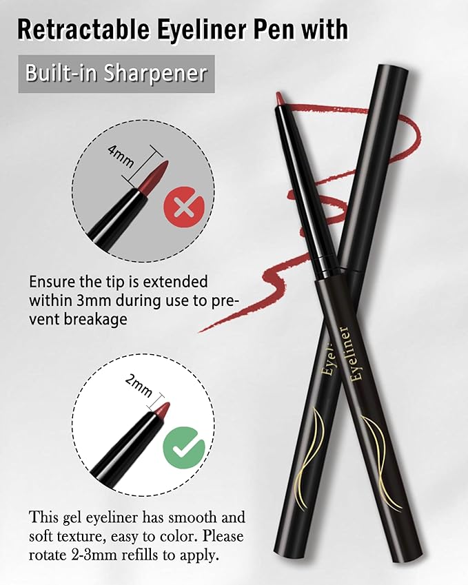 Burgundy Gel Eyeliner for Older Women, Waterproof Smudge-Proof Retractable Eyeliner Pencil, Long Lasting 24H, Matte Cream Thin Eye Liner Waterline, Colored Eye Liner Makeup Gift for Mature Women-1Pcs