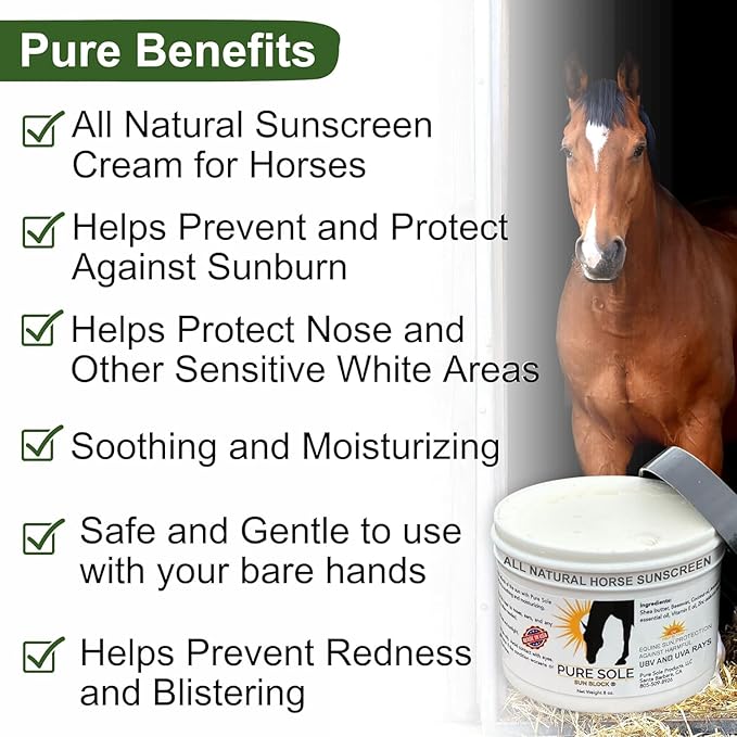 Sunscreen for Horses - Pure Sole Sun Block Cream |Nose Sun Protection and Sensitive Pink Horse Skin |Made with Safe Non-Nano Zinc Oxide-and Moisturizing Natural SPF Ingredients| Use Year Round - 8 oz.